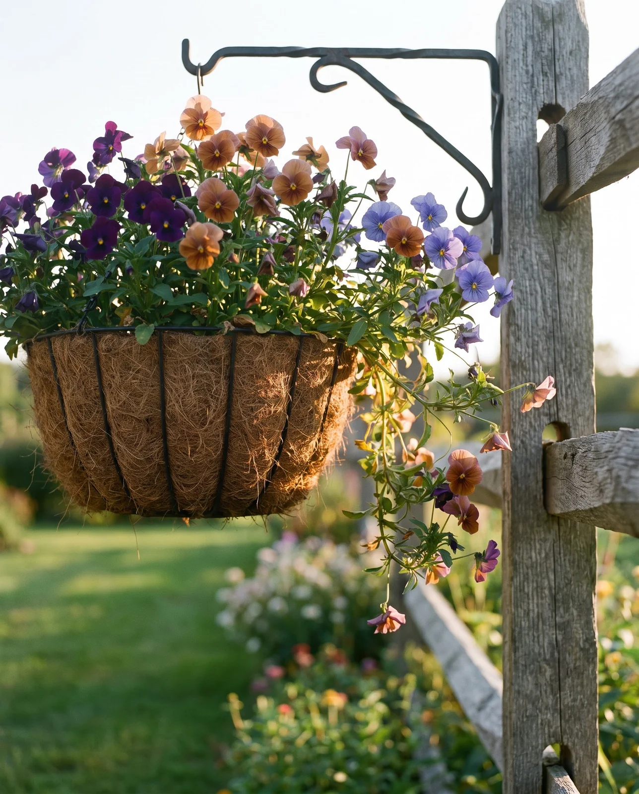 Trailing pansies cascading from a hanging basket mounted on a fence