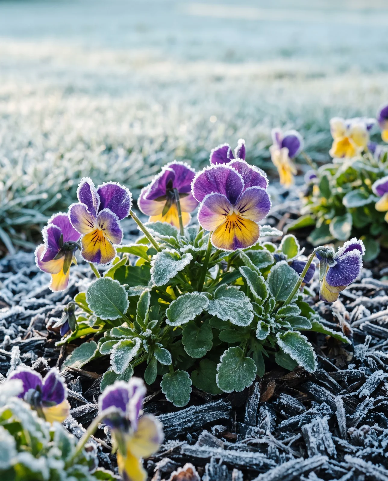 Purple and gold pansies standing upright covered in morning frost rime