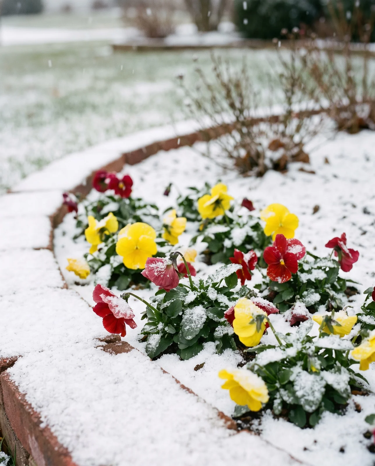 Yellow and red pansy flowers blooming under a light winter snow dusting