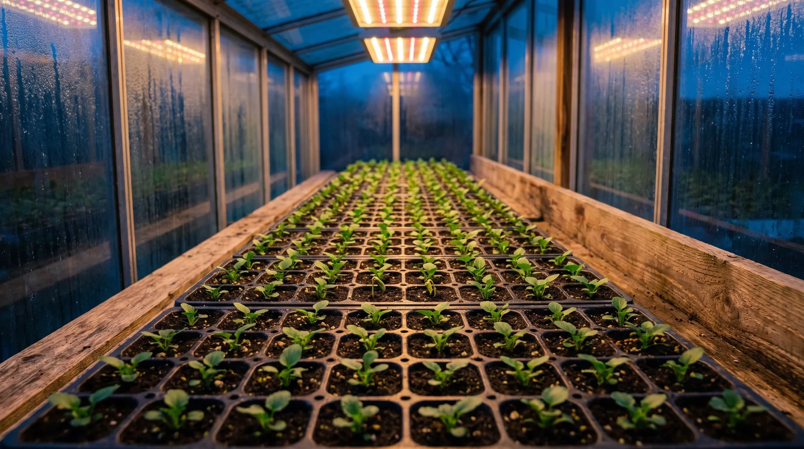 Pansy seedling plugs growing under warm grow lights in a cold frame