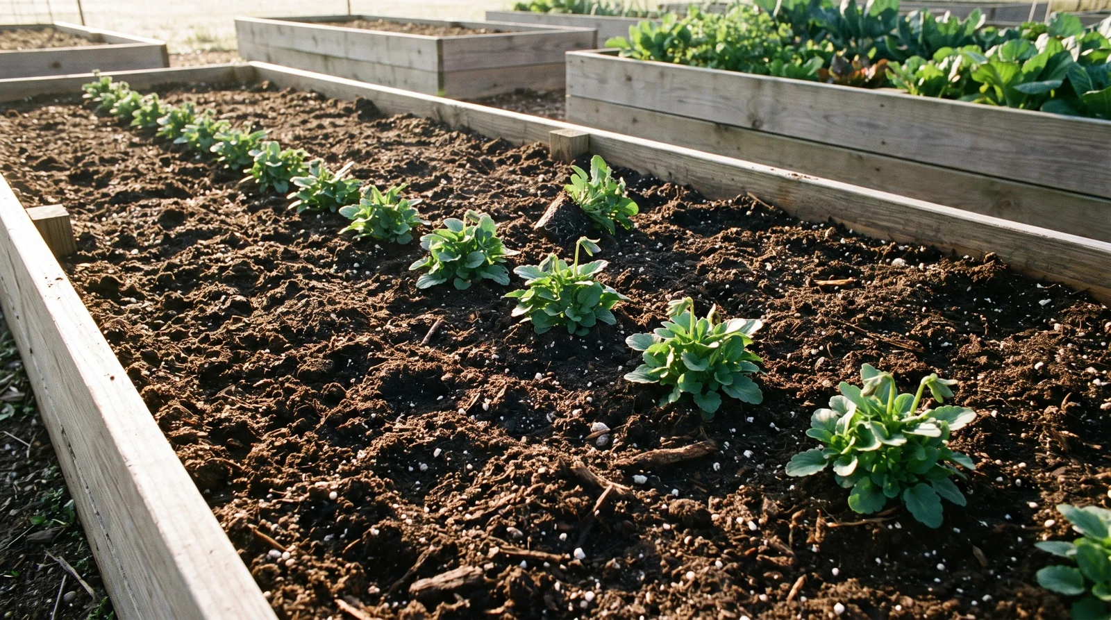 Young pansy transplants spaced in a freshly amended raised garden bed row