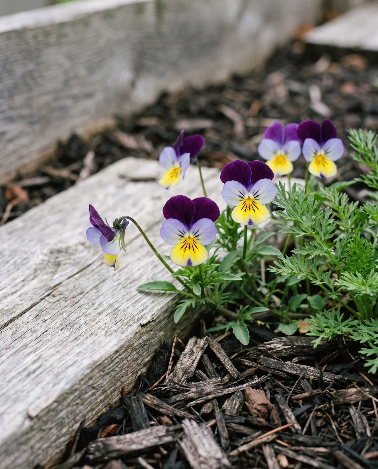 Johnny-jump-up violas self-seeded in shredded bark mulch beside a raised bed