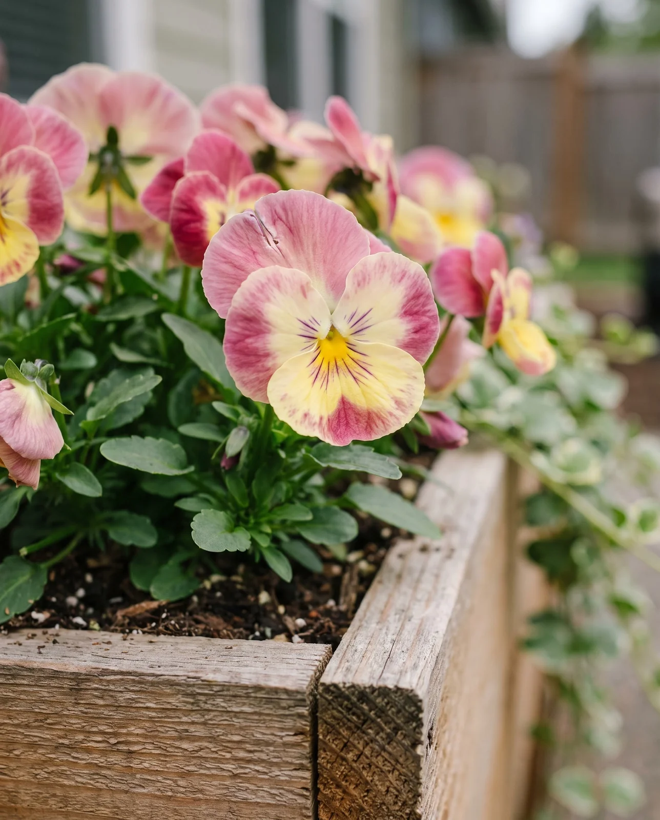 Cool Wave Strawberry Swirl trailing pansies in a wooden planter box