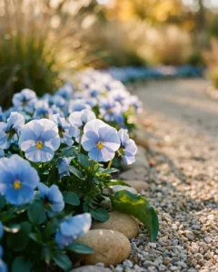 Clear light blue Delta Pro pansies lining a gravel garden path