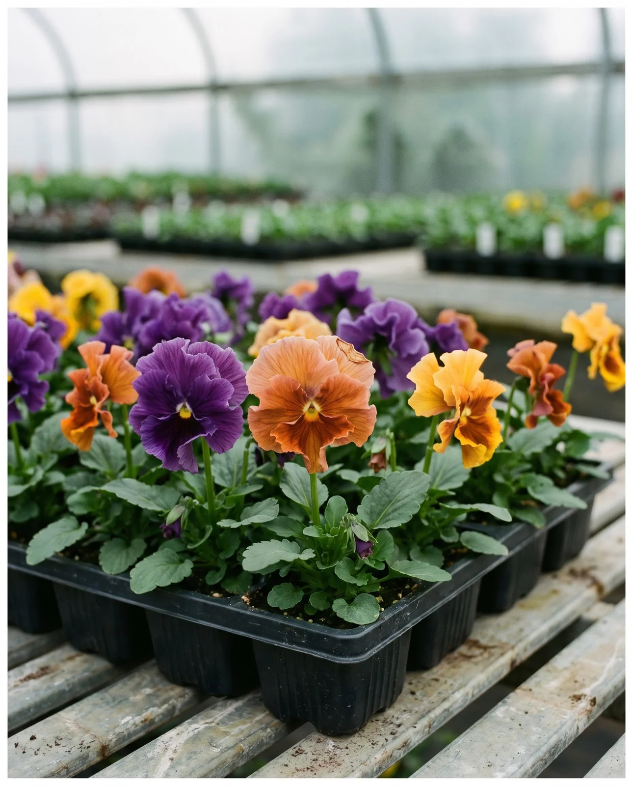 Frizzle Sizzle ruffled pansies growing in nursery flats inside a greenhouse