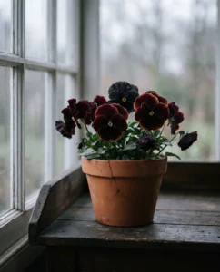 Dark burgundy Moulin Rouge pansies in a terracotta pot by a window
