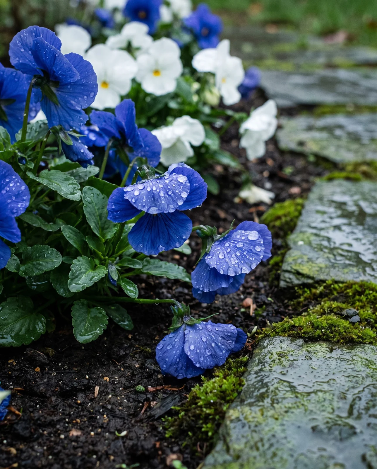 Raindrops on blue and white pansy petals after an autumn shower