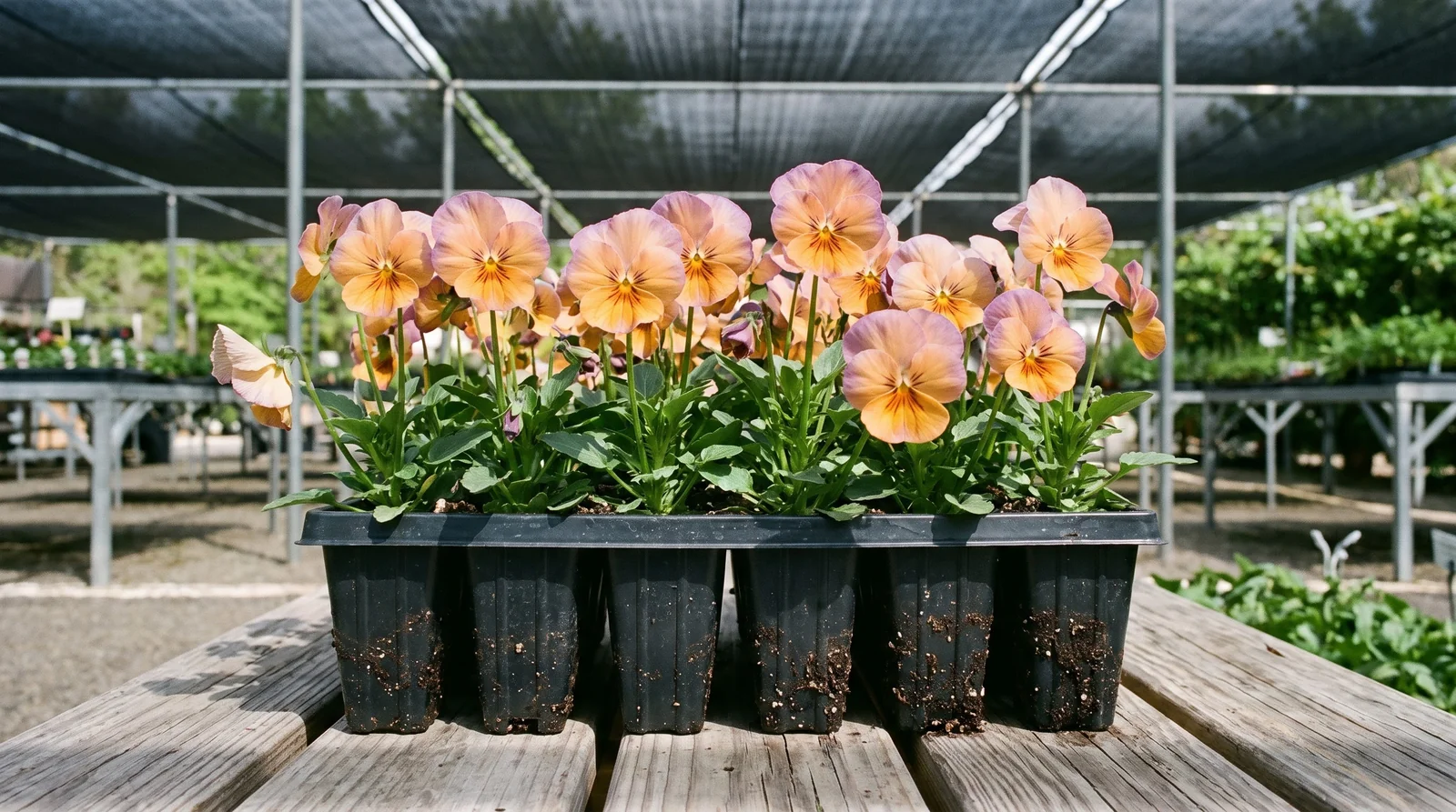 Six-pack nursery flat of apricot and lavender panola flowers