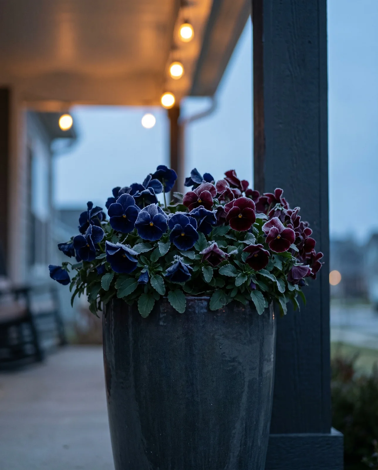 Large navy and wine-red pansies in an urn on a porch
