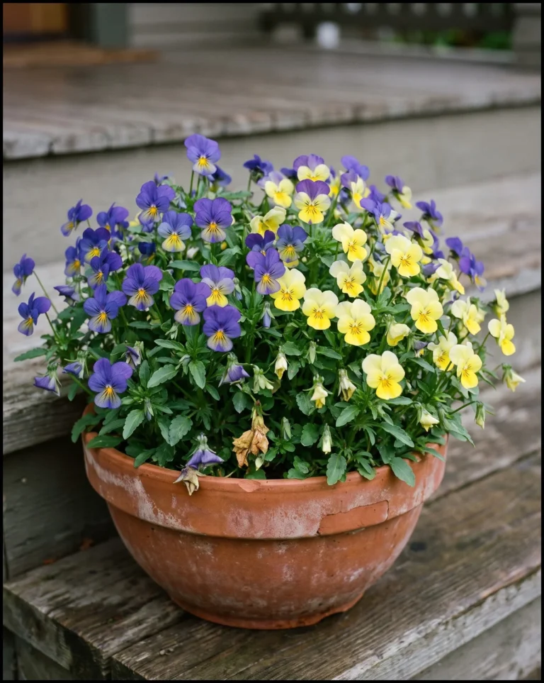 Dense cluster of miniature yellow and purple violas in a terracotta pot