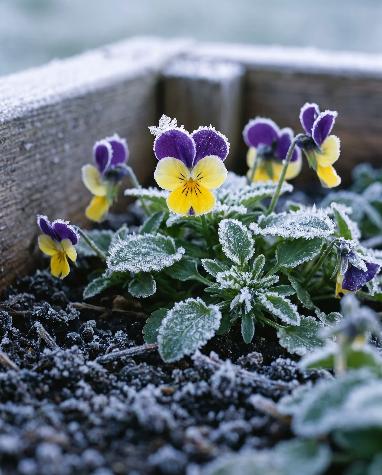 Frost-covered viola flowers standing upright in a winter garden bed