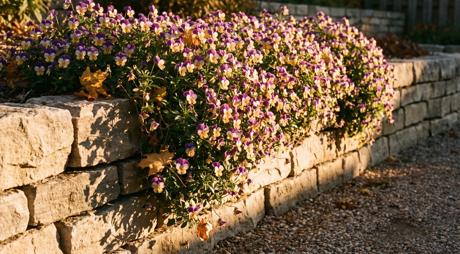 Trailing purple and white violas cascading down a stone retaining wall