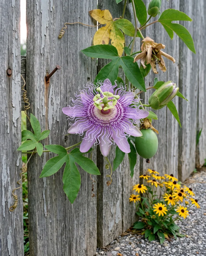A lavender maypop passionflower with its fringed corona open on a vine climbing a weathered wooden fence in July