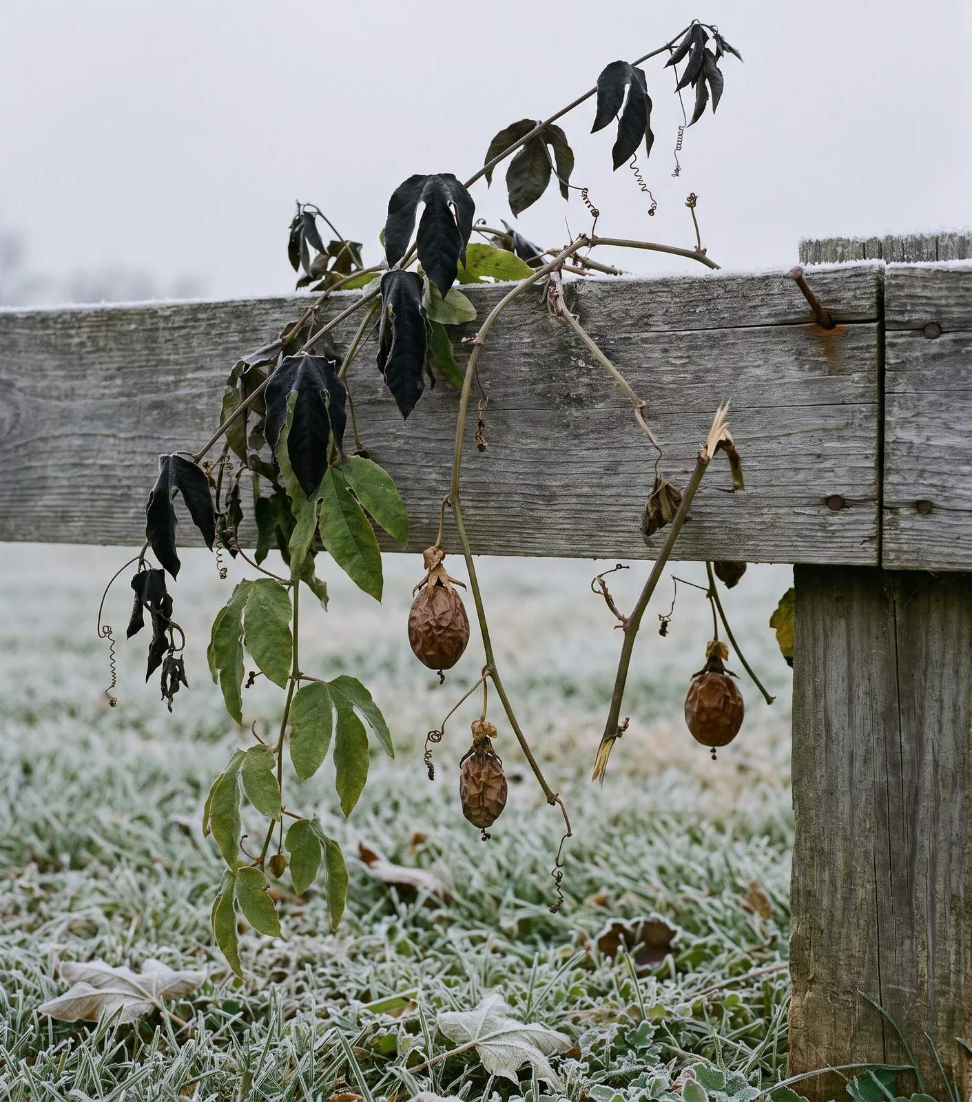 Passionflower leaves blackened by a first frost on a vine in late fall with a few green ones left below