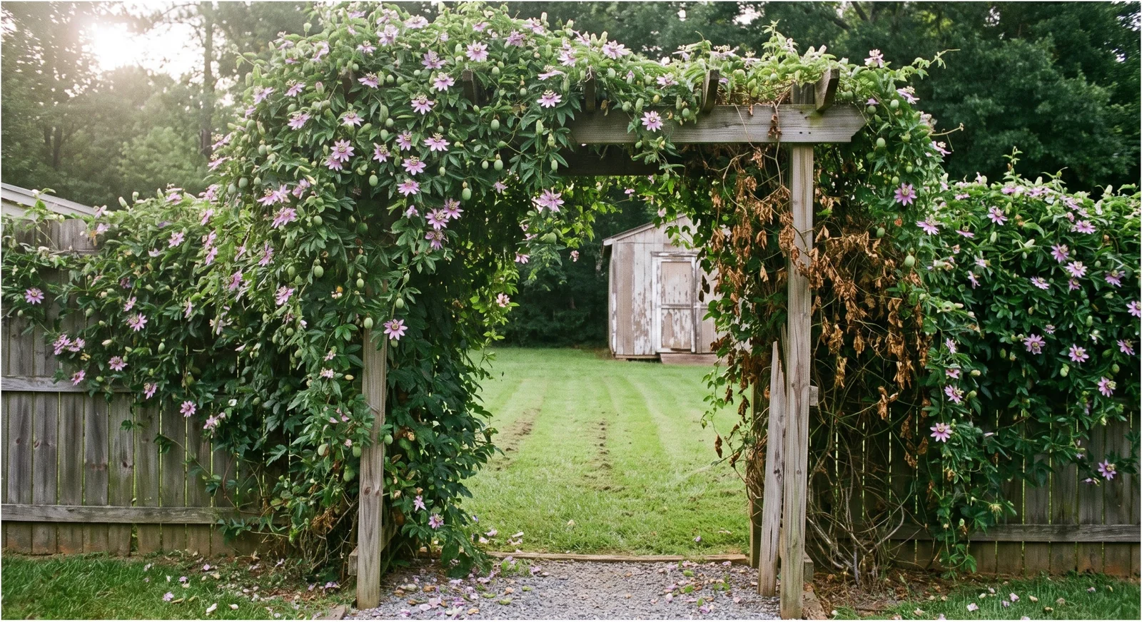 Wide view of a passionflower vine covering a whole garden arbor and running along the fence beyond it