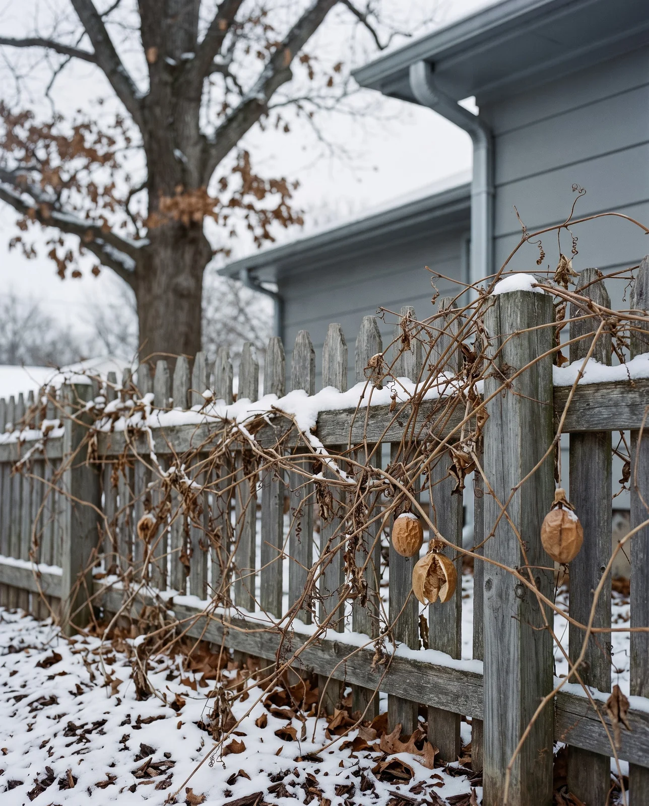 A maypop vine's dead stems on a fence under snow in a Midwest yard where it will return in spring