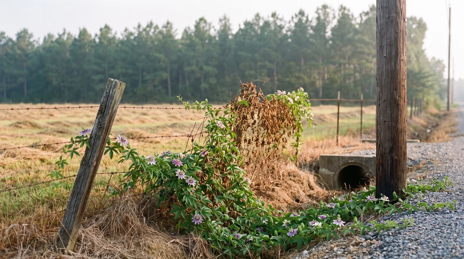 Wide view of maypop vines sprawling over a roadside ditch bank and fence in the rural South in summer