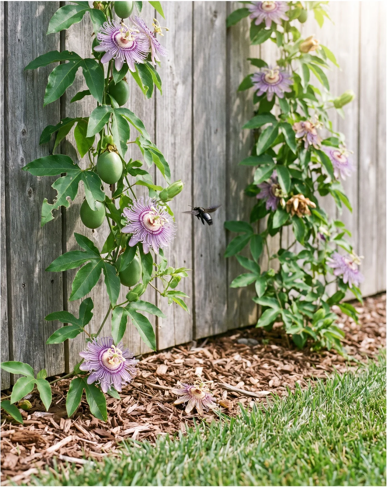 Two separate passionflower vines planted a few steps apart on a fence both in bloom with a bee moving between them