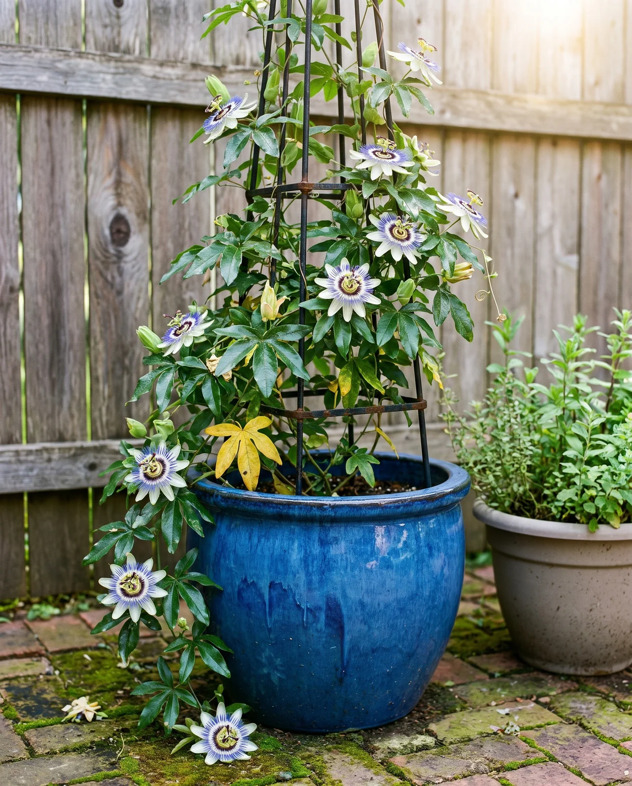 A blue passionflower in a large glazed pot climbing a metal obelisk on a sunny patio with flowers open