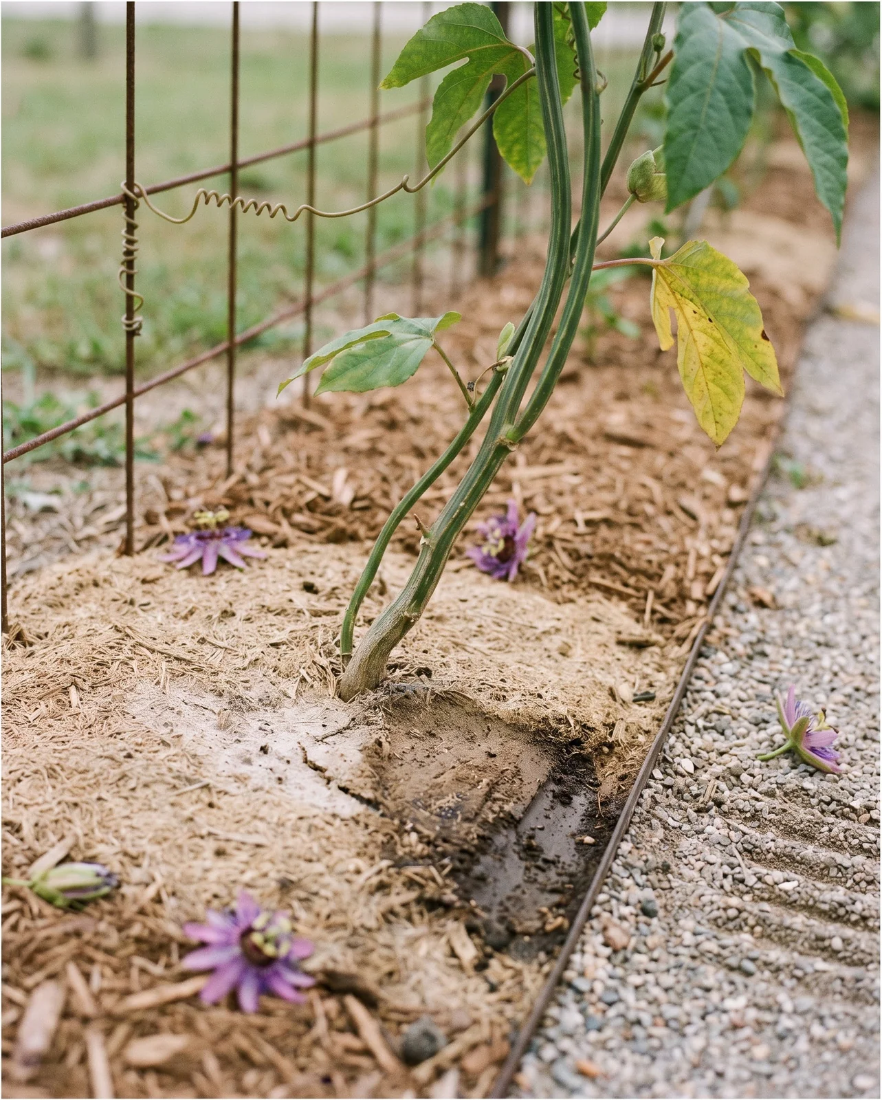 The base of a passionflower vine in a sandy mulched bed with the soil dry on top and a coiled tendril on the fence