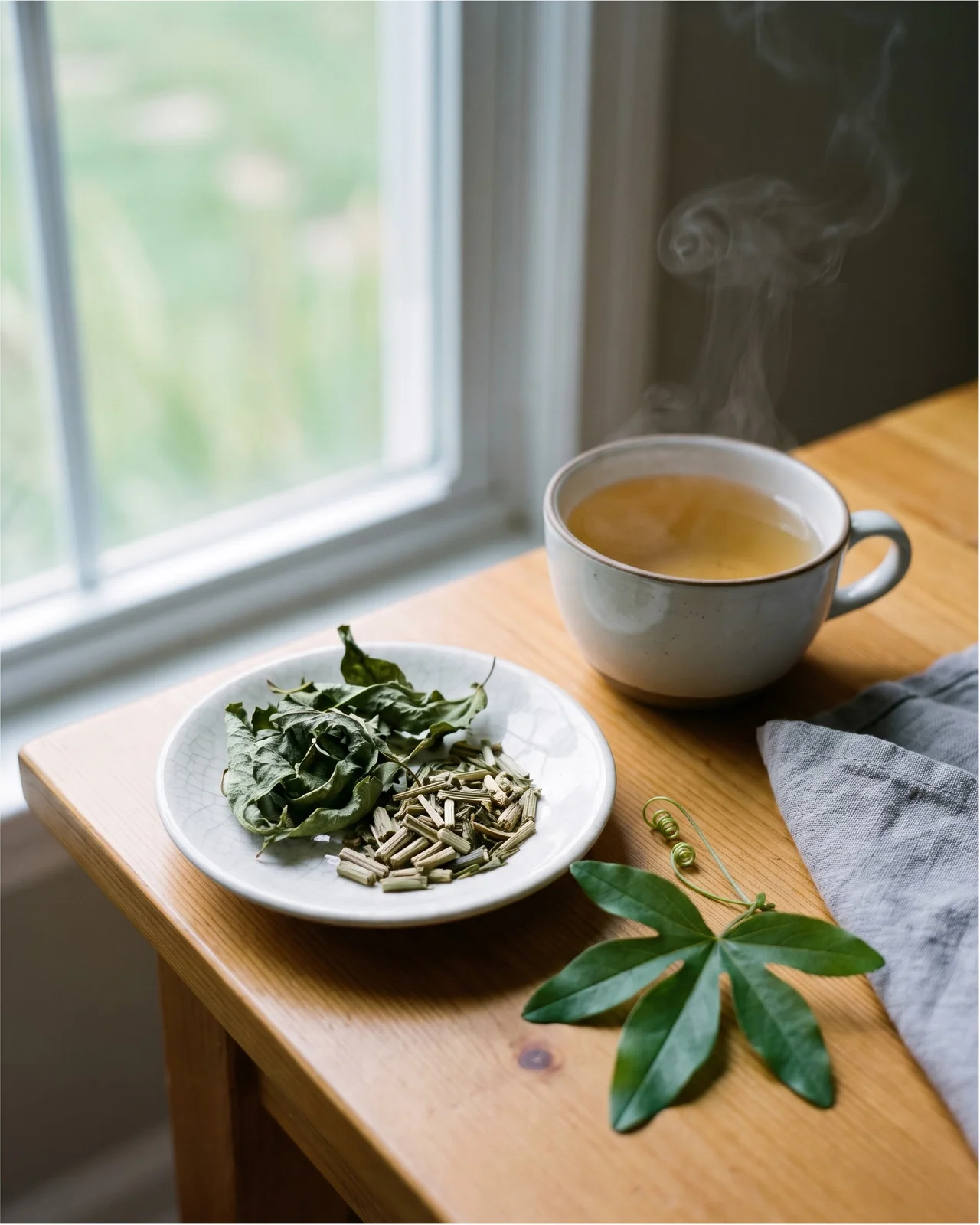 Dried passionflower leaves and stems in a small dish beside a cup of pale tea on a wooden table by a window