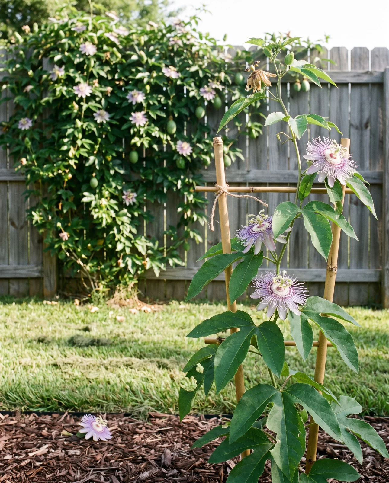 A small first-year passionflower on a short trellis beside an established vine covering a whole fence panel