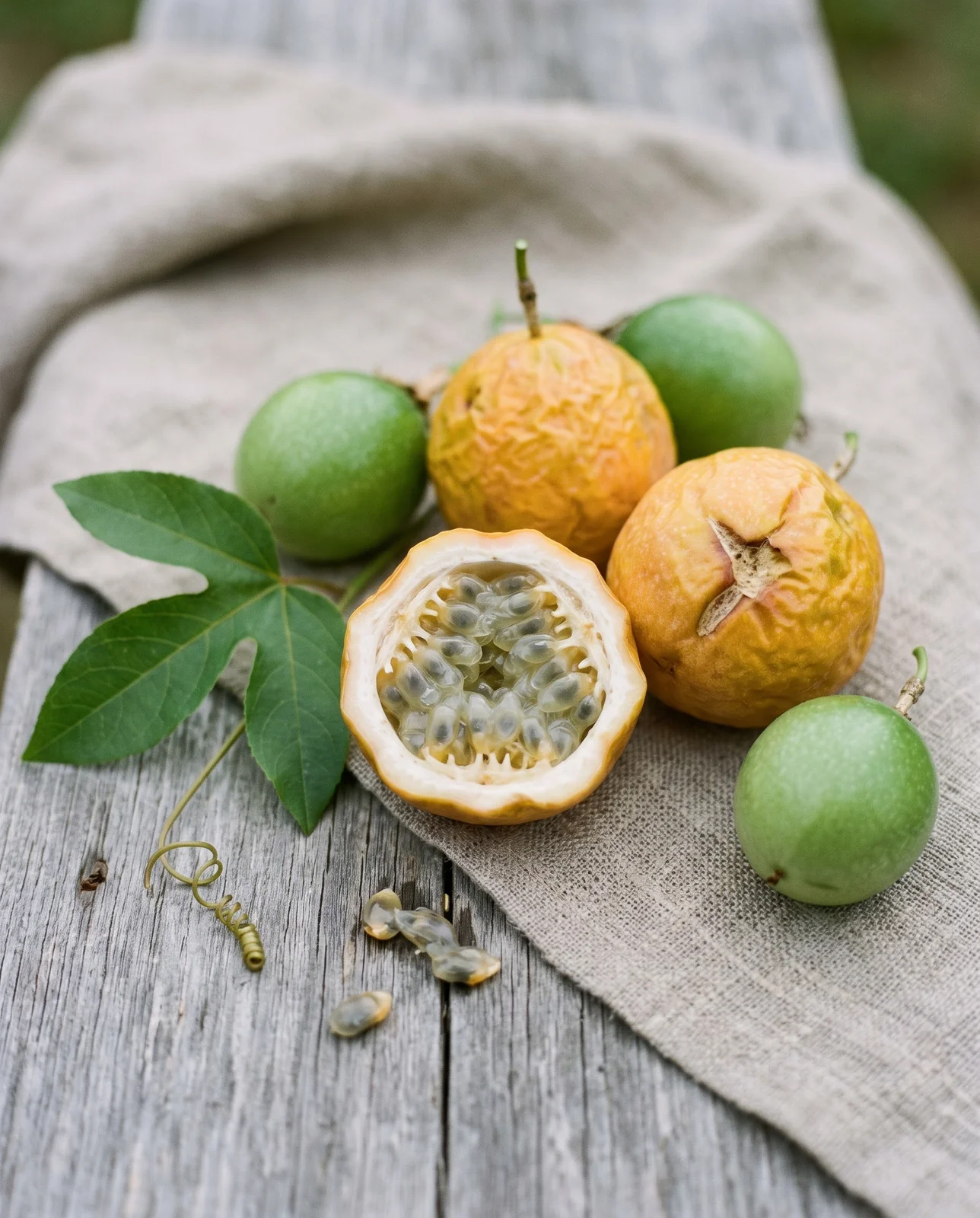 Ripe wrinkled maypop fruits on a wooden board with one cut open beside unripe green ones and a leaf