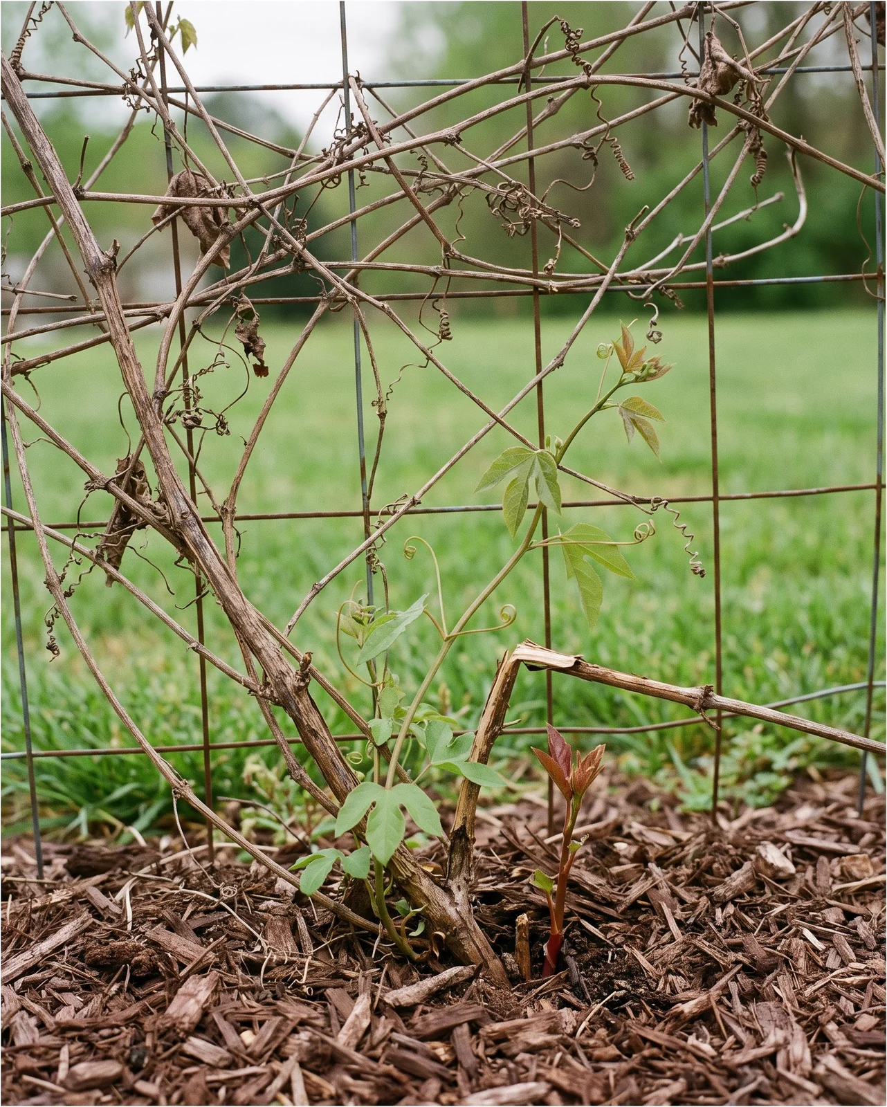 Dead brown passionflower stems on a fence in spring with fresh green shoots rising from the ground at the base