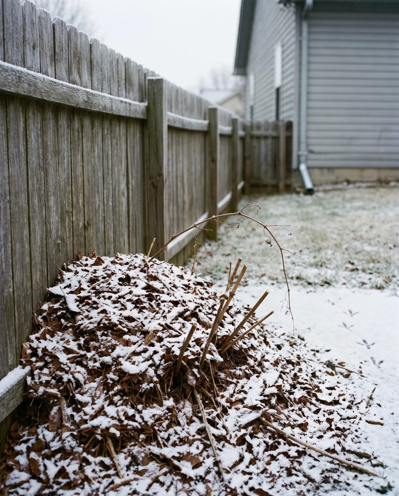A passionflower crown under a deep mulch mound at the base of a fence with a dusting of snow in winter