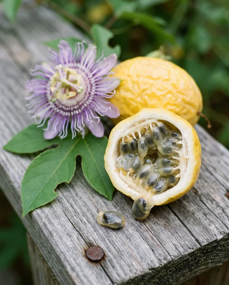 A ripe yellow wrinkled maypop fruit cut open showing seeds in clear juicy pulp beside the lavender flower