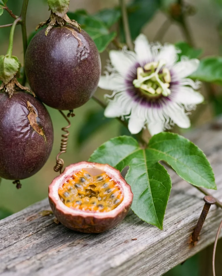 Purple passion fruit on a vine and one cut open showing orange pulp beside a white and purple flower