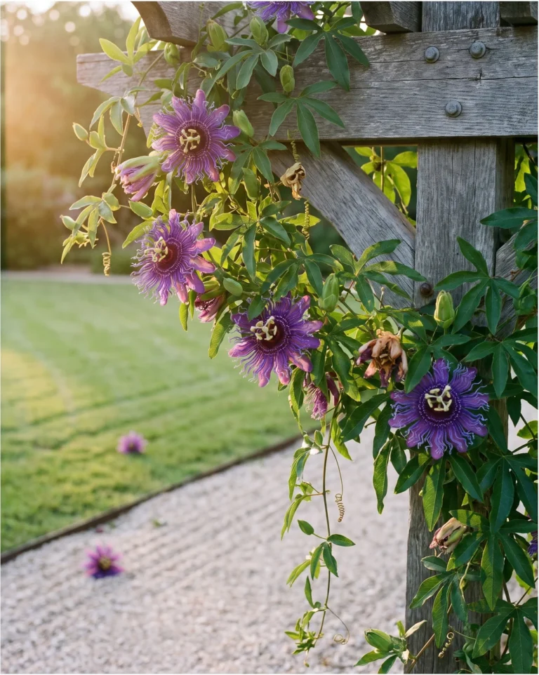 Incense passionflower with large violet flowers and long wavy fringe on a vigorous vine over an arbor