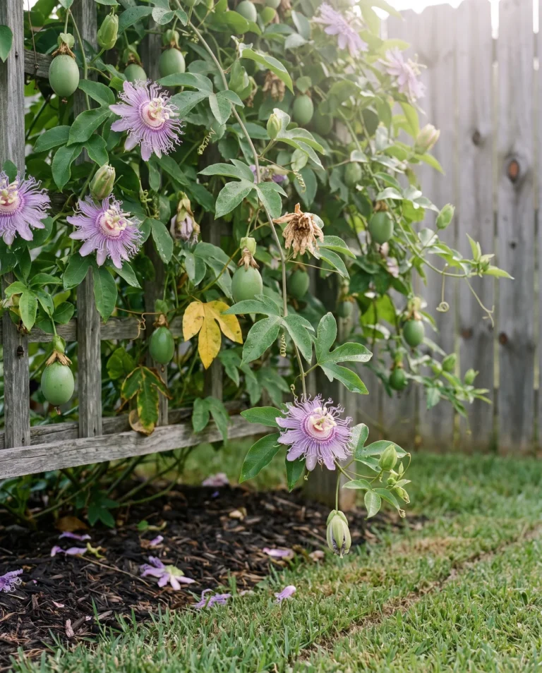 Maypop passionflower vine with lavender fringed flowers and green fruit covering a garden trellis