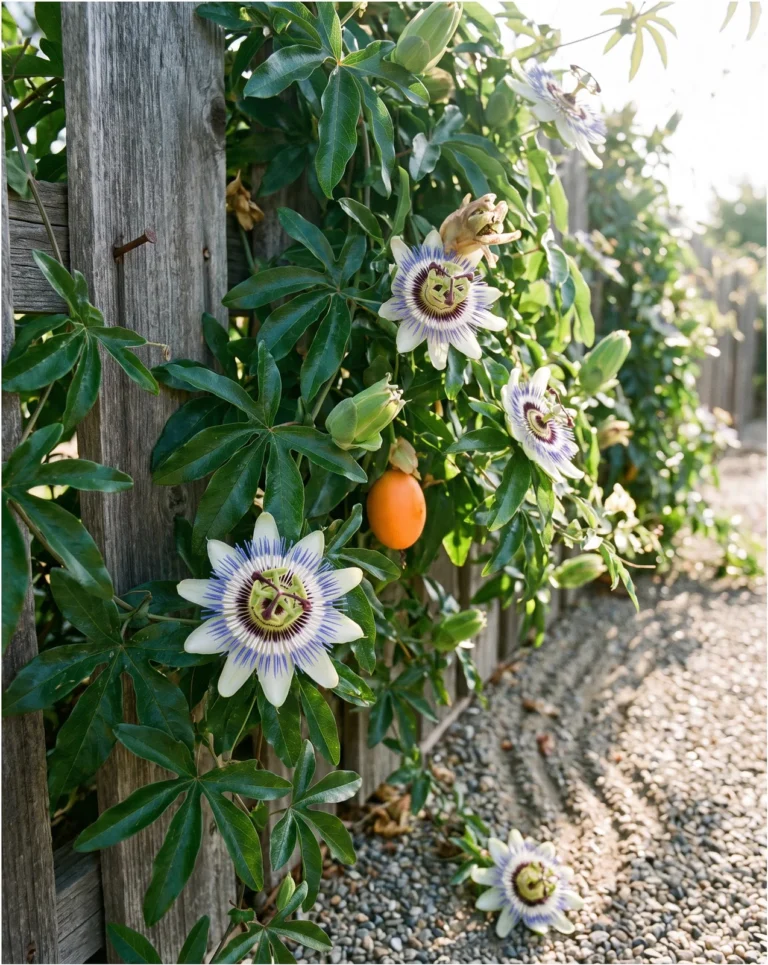 Blue passionflower with white petals and a blue-white-purple banded corona on a glossy-leaved vine over a fence