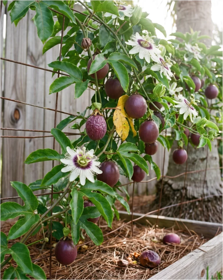 Purple passion fruit vine with white and purple flowers and round purple fruits on a wire trellis in Florida