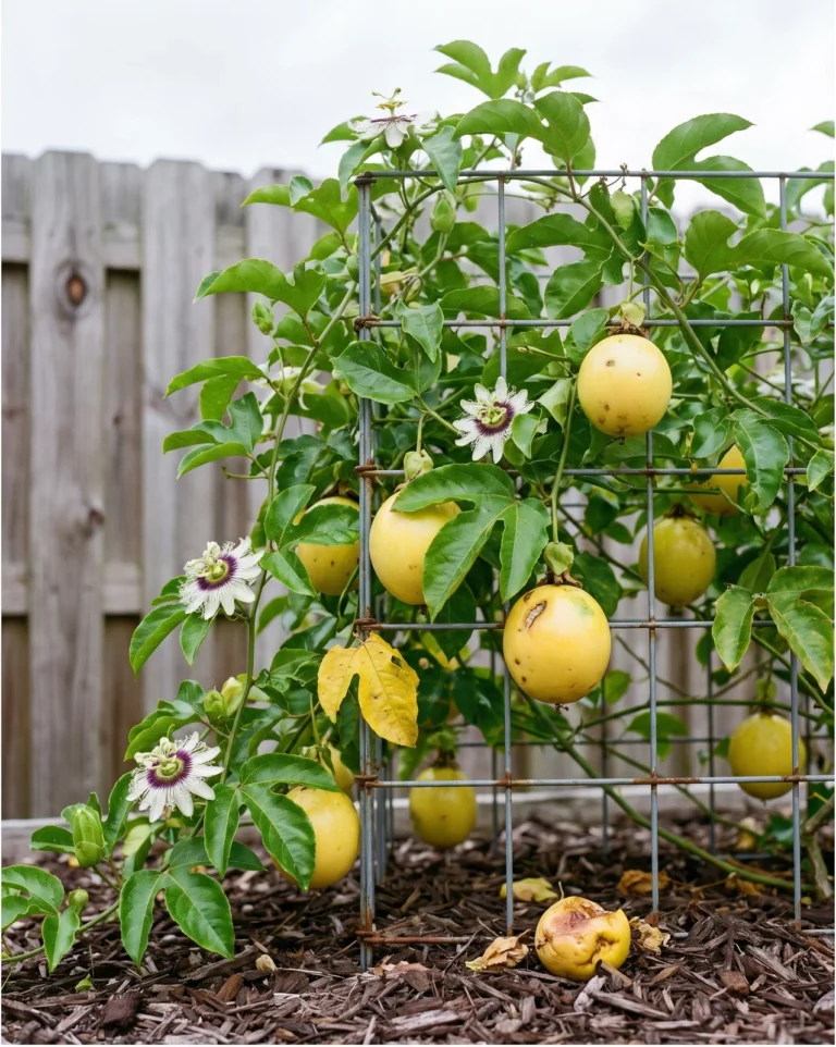 Yellow passion fruit vine with large yellow round fruits and white flowers on a sturdy trellis in a warm garden