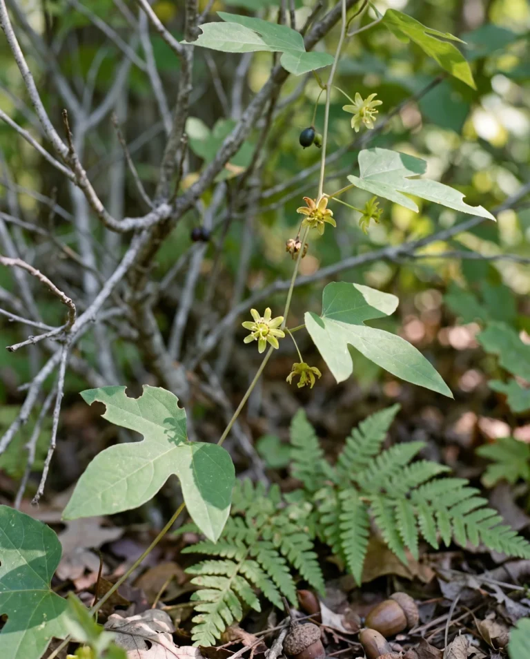 Yellow passionflower with small greenish-yellow flowers and broad shallow-lobed leaves on a slender vine at a woodland edge