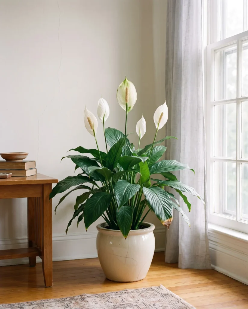A mature peace lily with several white spathes standing beside an east-facing window in soft morning light