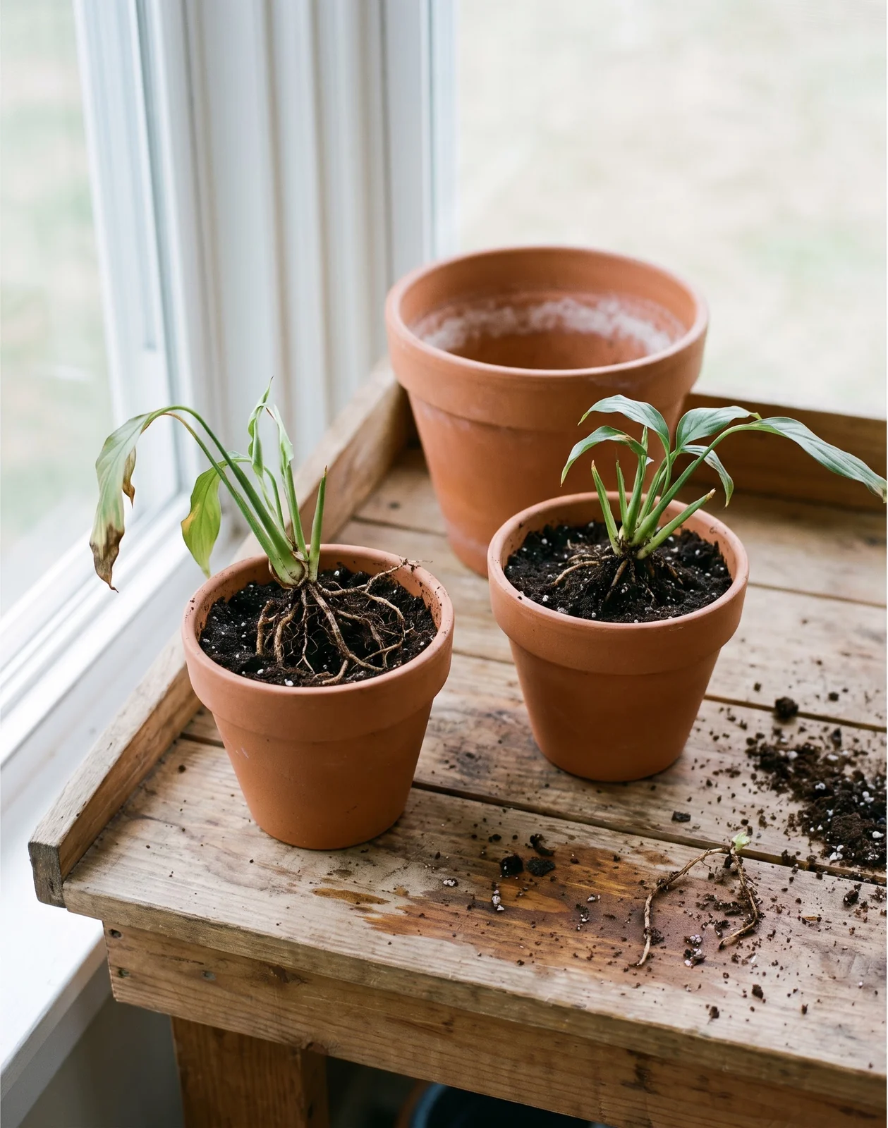 Two freshly divided peace lily crowns potted separately in small pots on a potting bench