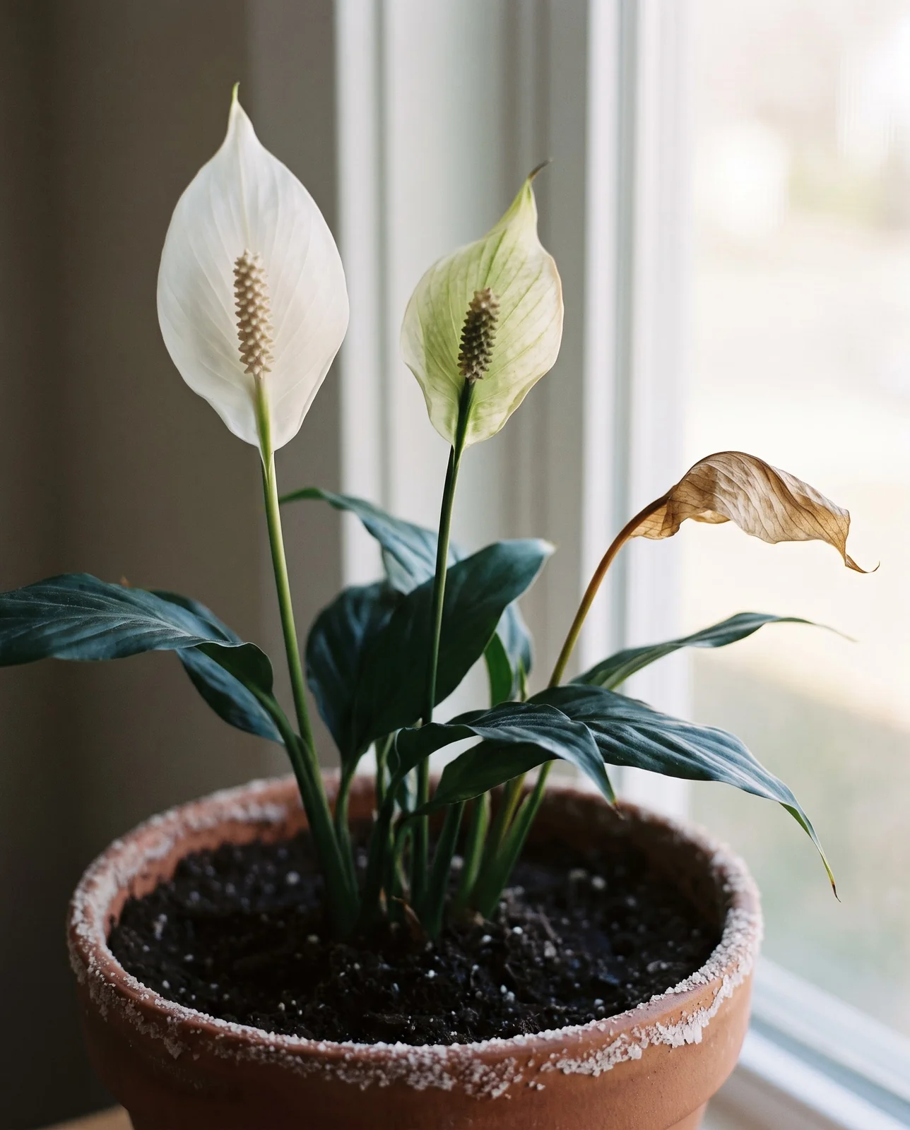 Three peace lily spathes on one plant at different ages from white to green to brown