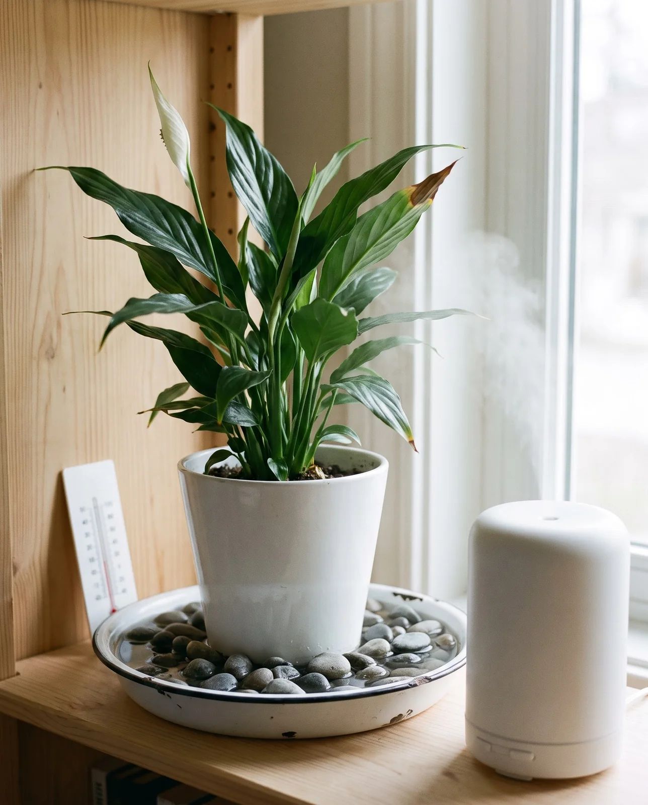 A peace lily standing on a tray of wet pebbles beside a small humidifier on a shelf