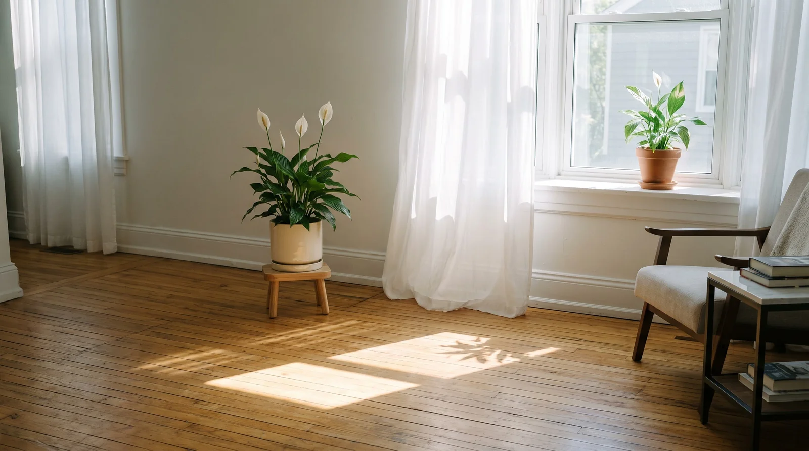 Wide view of a peace lily set a few feet back from a bright window, spathes open, sheer curtain diffusing the light