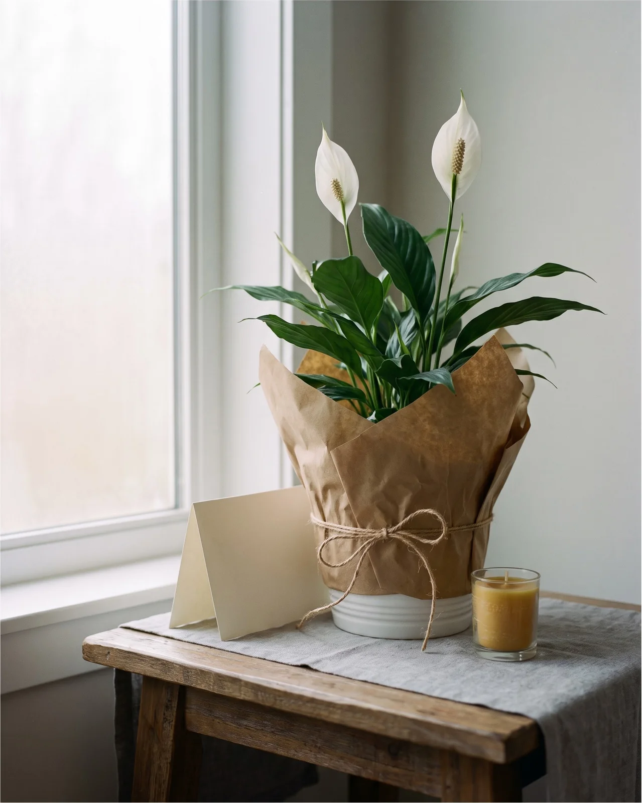 A peace lily in a white pot wrapped in plain paper on a side table beside a window in quiet light