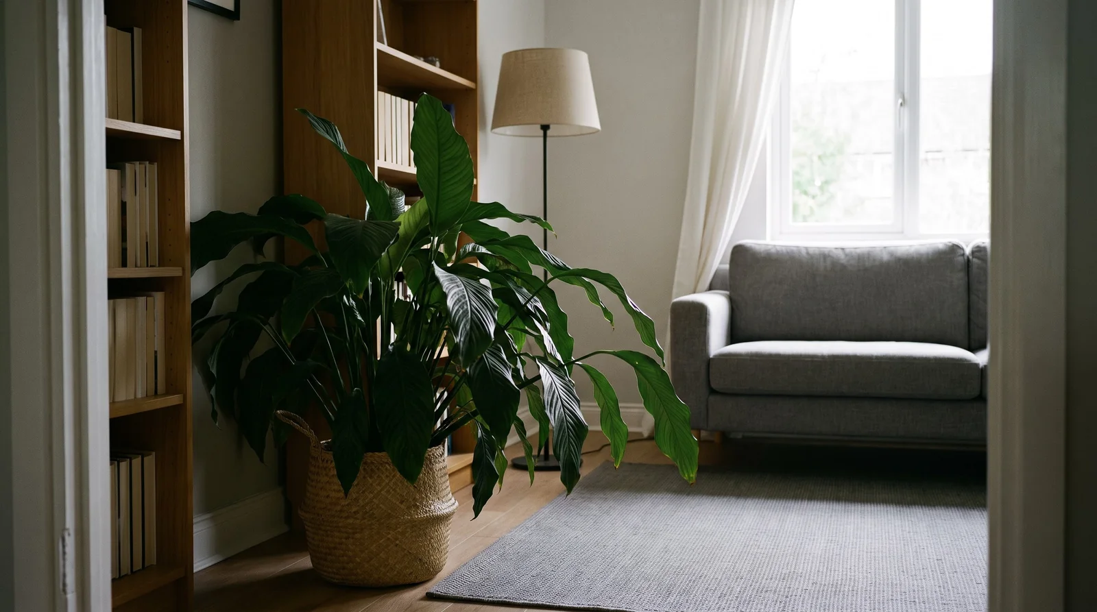 Wide view of a big healthy green peace lily with no flowers in a dim corner far from the window