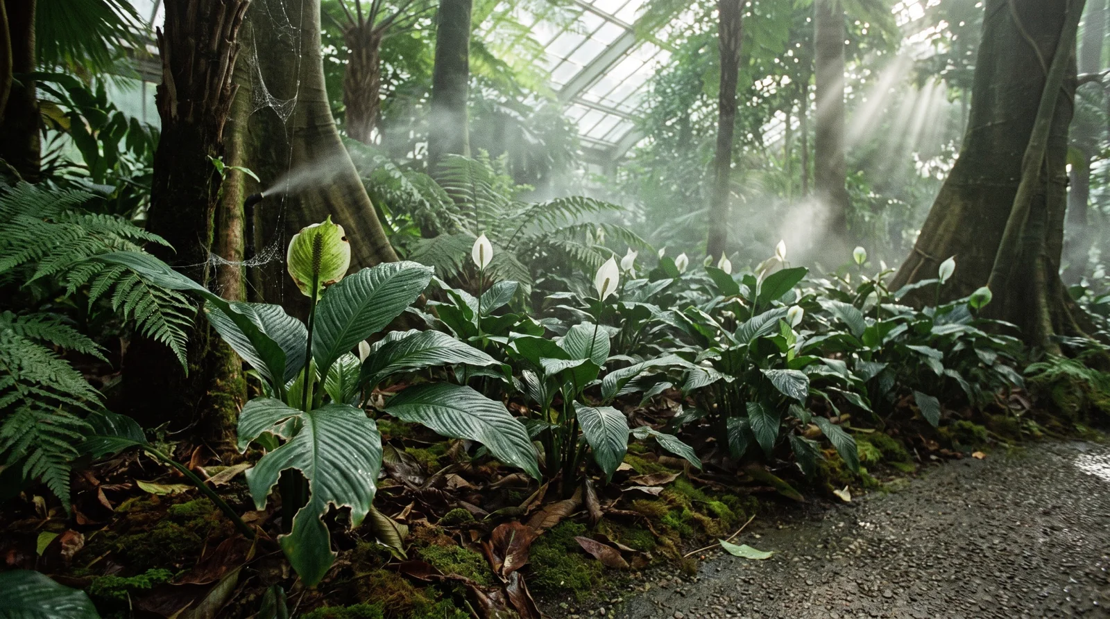 Wide view of wild peace lilies growing on a shaded tropical forest floor in a botanical conservatory