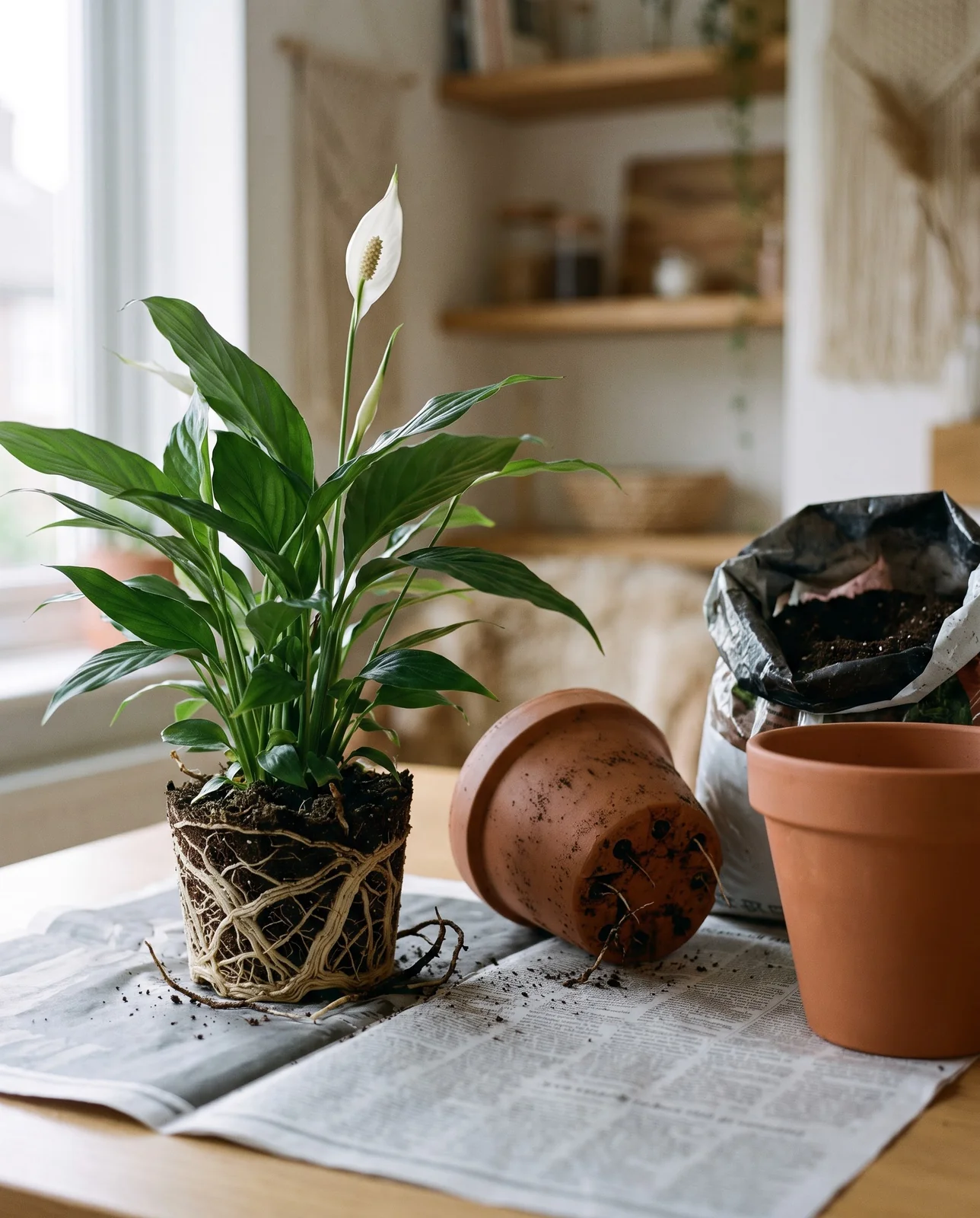 A root-bound peace lily lifted from its pot showing circling roots beside a slightly larger empty pot