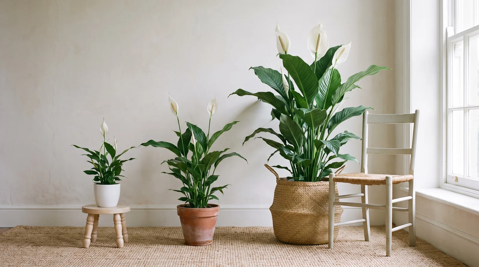Wide view of three peace lilies of different sizes side by side against a wall, from a small desk plant to a giant
