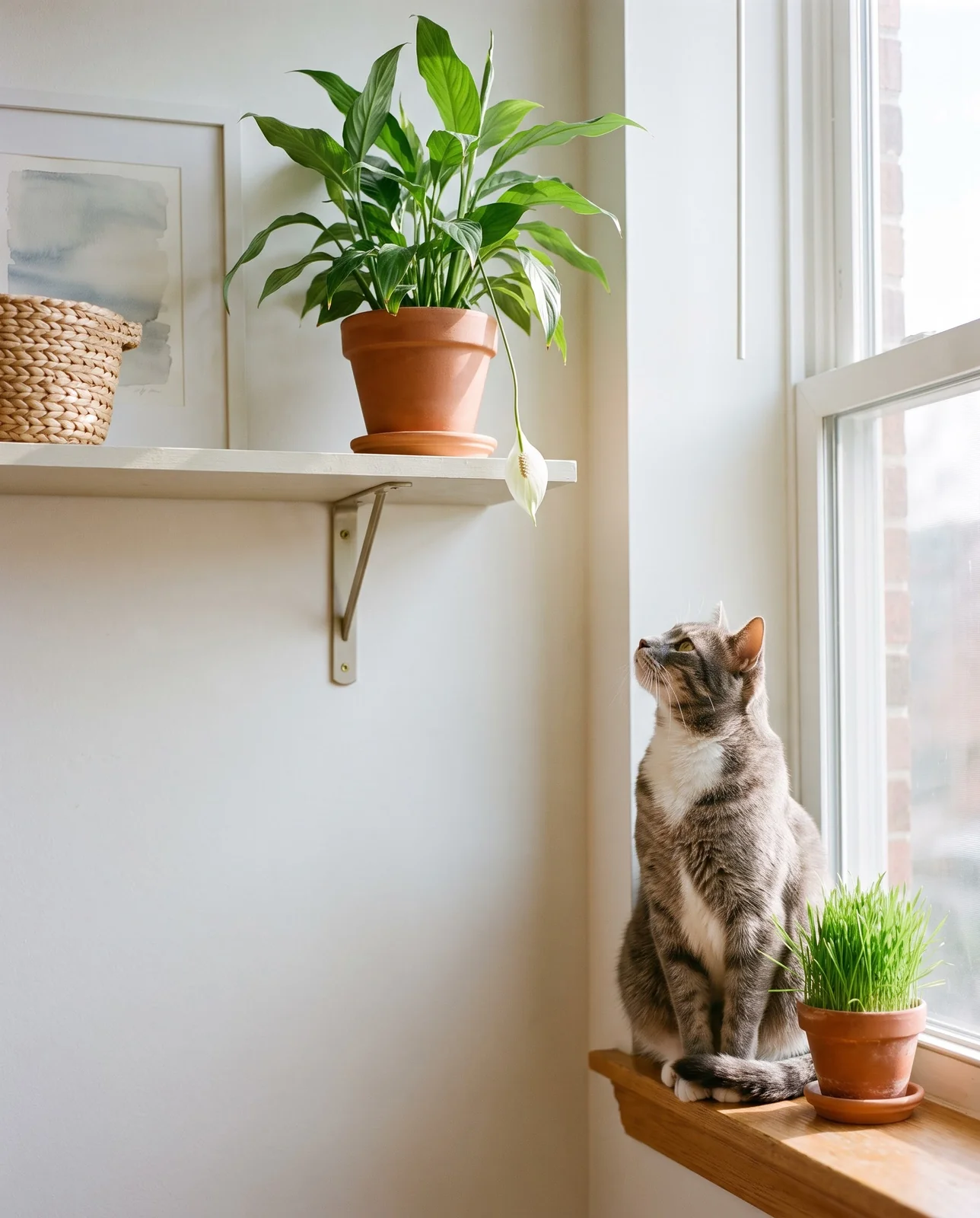 A grey cat sitting on a windowsill looking at a peace lily placed out of reach on a high shelf