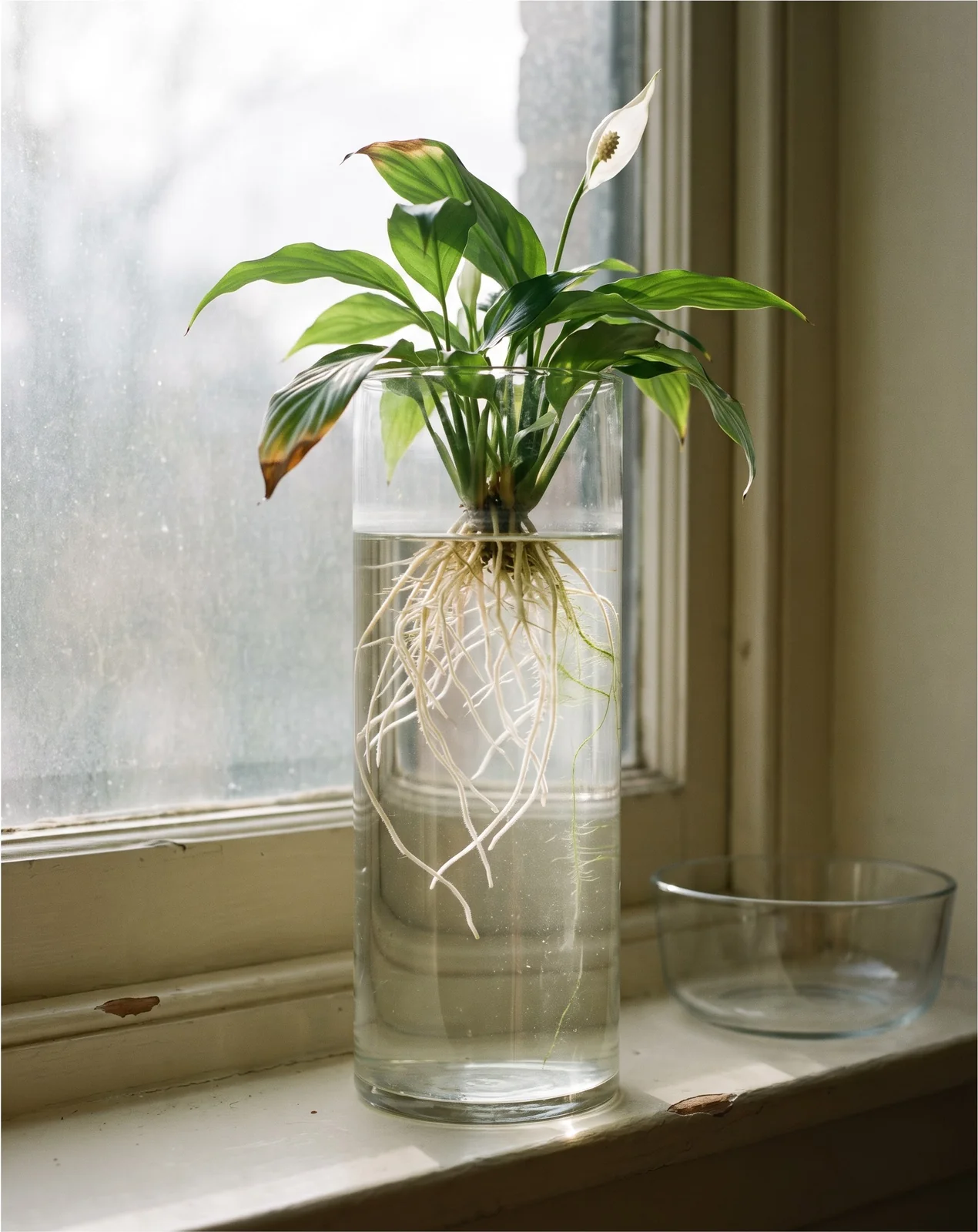 A peace lily growing with bare roots in a clear glass vase of water on a windowsill