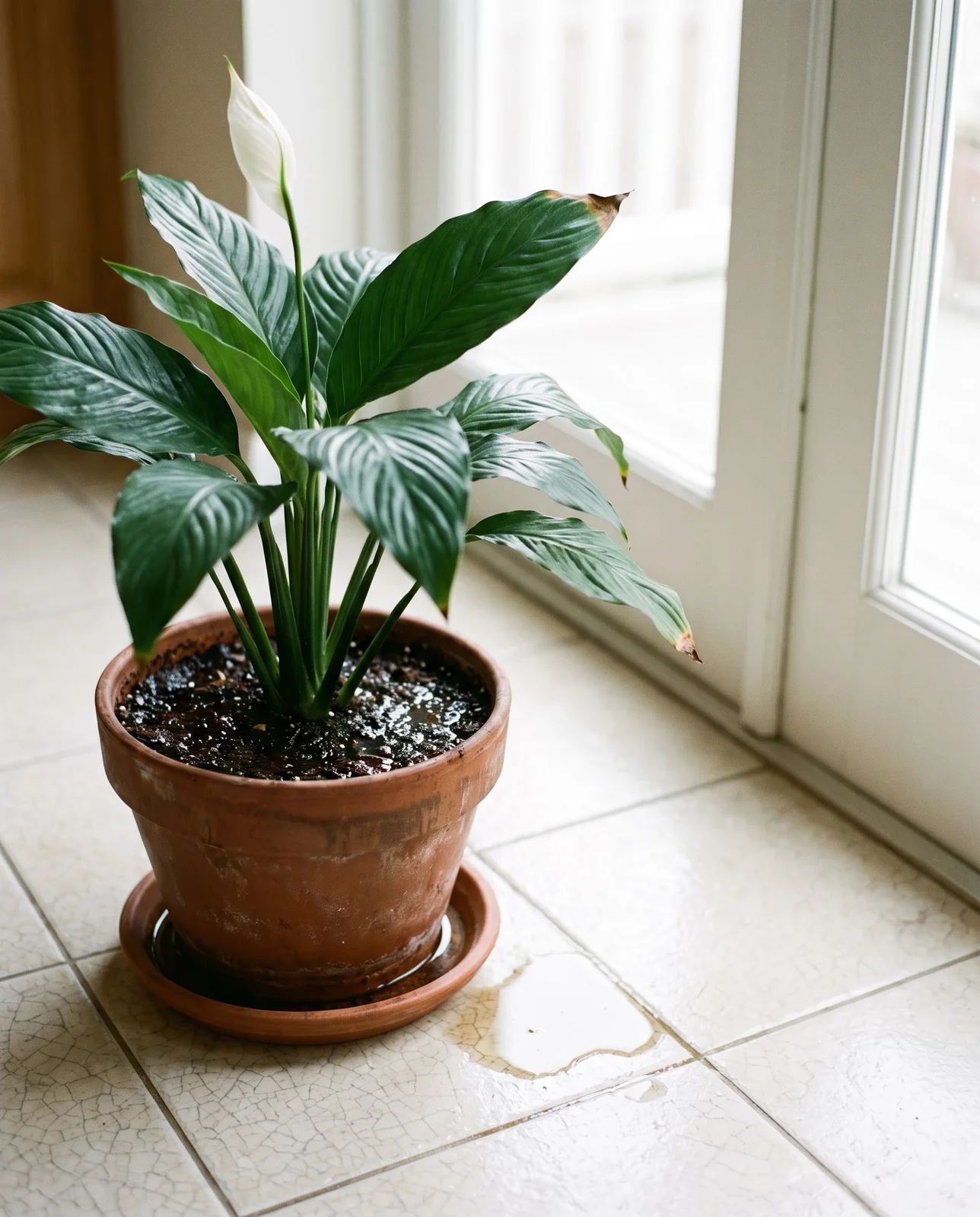 A peace lily standing upright again with glossy leaves and a wet soil surface an hour after watering
